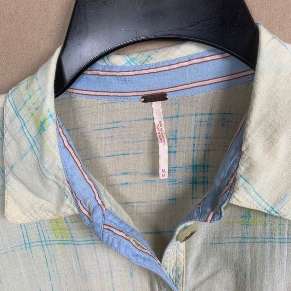 Free People Shore Vibes Lemon Yellow and Blue Plaid Sheer Beachy Shirt M - Picture 3 of 11